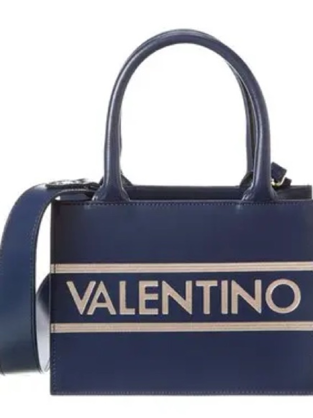 Mario Valentino Navy Leather Mini Tote with Gold Logo Stripe